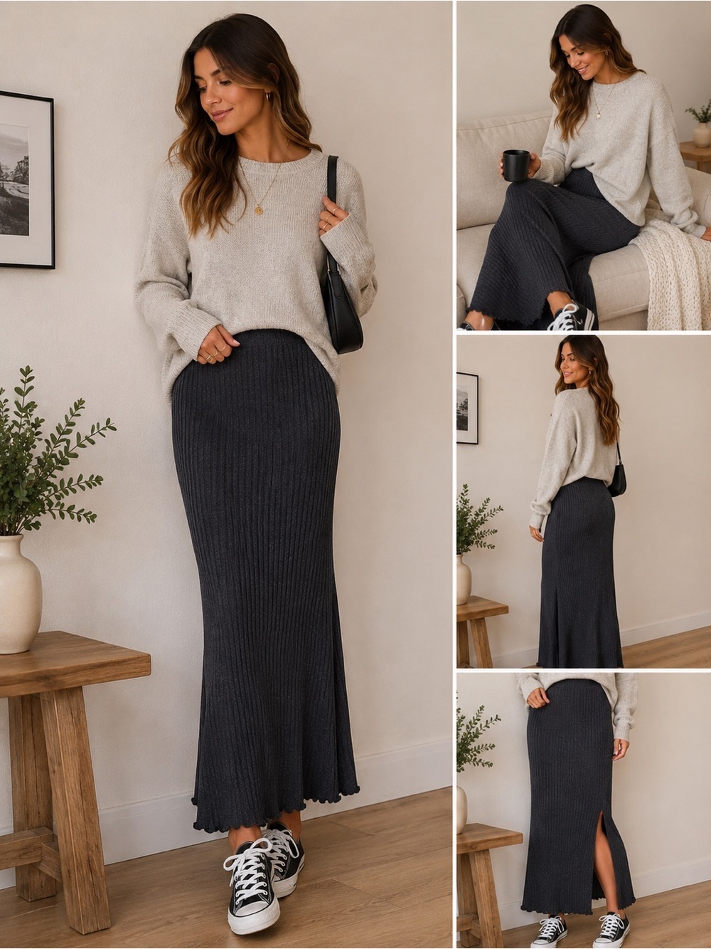 Free People NWT Ribbed Knit Maxi Skirt Charcoal Gray Size S